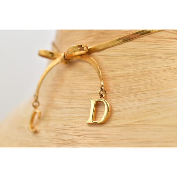 Christian Dior Vintage Bow Choker Necklace Logo CD Charm Gold Chain Signed BinBJ - Picture 9 of 12